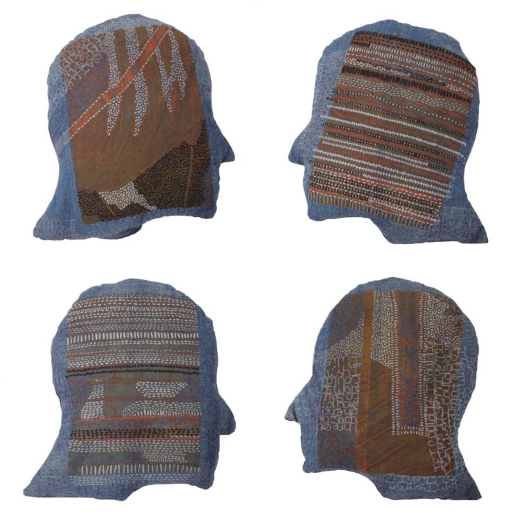 Stewart Kelly: 40 Heads (Detail), Collograph print, hand embroidery on indigo-dyed cloth, 25 x 25cm