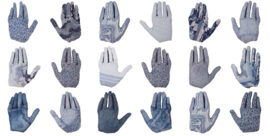 Stewart Kelly: 40 Hands (Detail), Hand and machine embroidery on indigo-dyed cloth, 16 x 14cm each