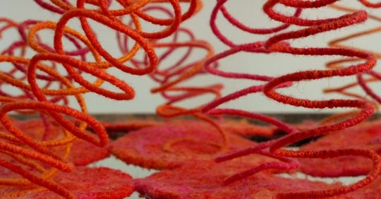 Emma Wigginton: Are You Sitting Comfortably? (Detail), 2017, seat of a metal chair, mixed fabrics, metal chair, wire, with free machine embroidery, embellishing