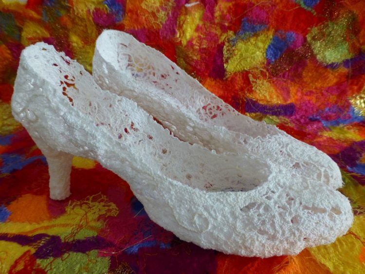 Emma Wigginton: In Her Shoes, 2019, 11" x 4" x 6", mixed fabrics, soluble paper, free machine embroidery