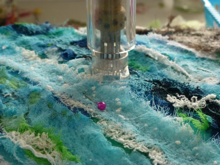 Emma Wigginton: embellishing in action! (Detail), 2019, mixed fabrics, embellishing