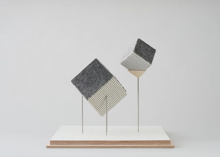Richard Mcvetis: Cube I & Cube II, Hand Embroidery on wool, 9 x 9 x 9 cm & 6 x 6 x 6cm