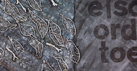 Cherilyn Martin: It's the Stones that Speak #V (Detail), 2013, 102 x 95cm, Paper, hand & machine stitching, acrylic paint, Procion dye, mixd threads, dried twigs