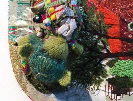 Julie Peppito: I Butterfly (detail), 2019, 18” x 23” x 1”, Canvas, thread, can, stuffed animal, found embroidery, acrylic paint, glitter, found objects.