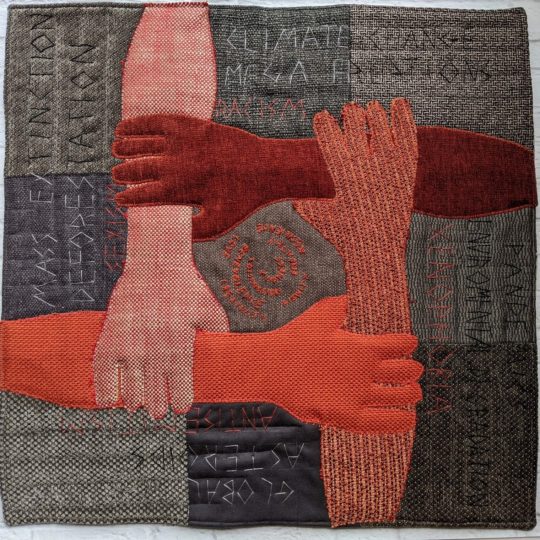 Zwia Lipkin: Interdependent, 2020, 23” x 23”, Upcycled home decor textiles, piecing and raw-edge appliqué with machine and hand stitching.