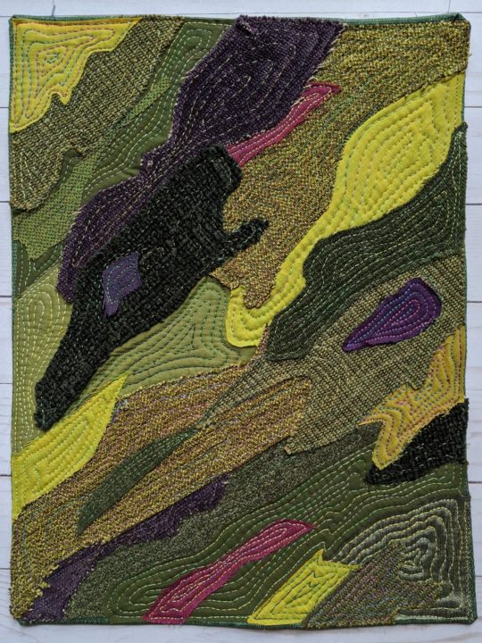 Zwia Lipkin: Tree Bark 6, 2020, 12” x 16”, Upcycled home decor textiles, raw-edge appliqué with free-motion quilting.