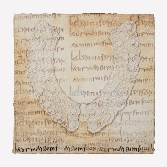 Cherilyn Martin: Pillow Book #1, 2018, 30 x 30cm, Cotton fabric, rusted scrim, antiqu lace collar, screen printing.