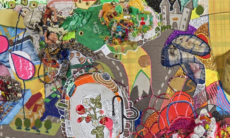Julie Peppito: Crawling on Cancer (The Teflon Toxin by Sharon Lerner) (detail), 2016, 52" x 55" x 6", Carpet, trim, photo, thread, found objects, fabric paint, fabric, grommets Photo credit: Dan Gottesman.