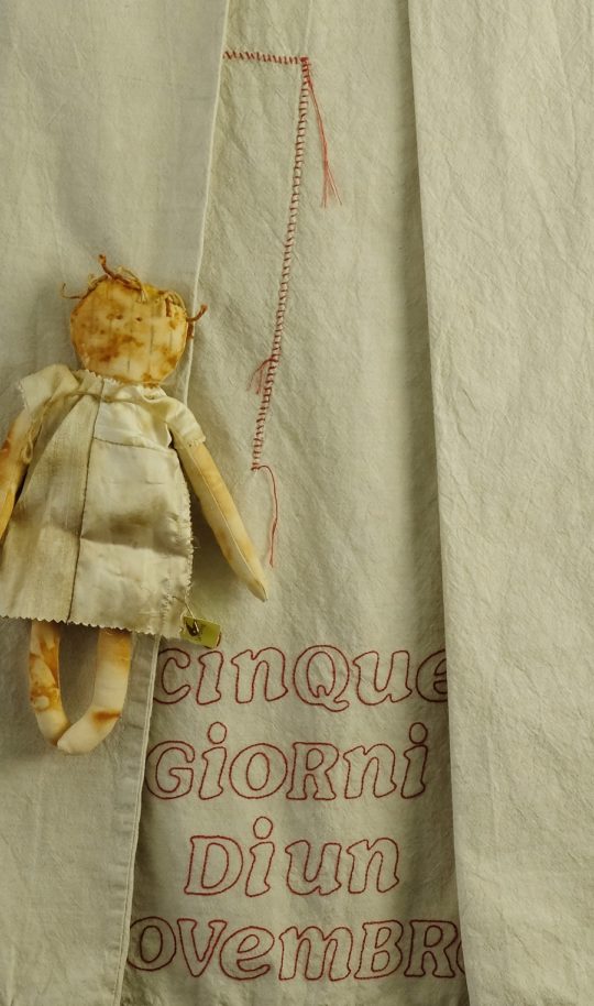 Cherilyn Martin: Seven Souls (Detail), 2018, 105 x 400cm, Retrieved cotton bags, antique textile pieces, hand stitching, controlled rusting, textile paint, stencilling.
