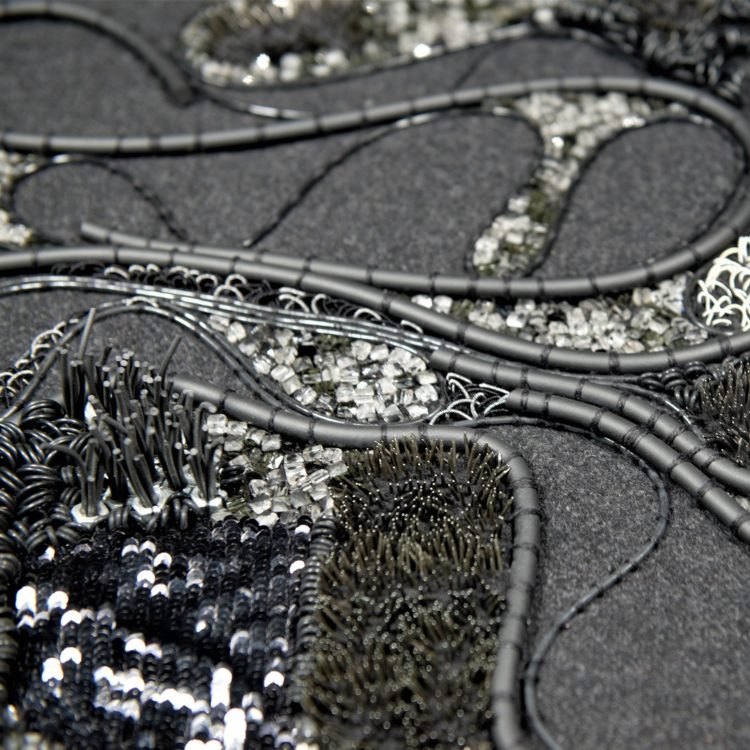 Elnaz Yazdani, Experimental Goldwork (detail), 2019. 100cm x 80cm (39” x 31”). Contemporary goldwork techniques, couching and beading. Rubber, glass, sequins, pipe, latex, crystal beads, nails, bolts on wool.