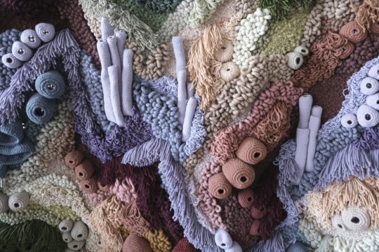 Vanessa Barragão: Coral Garden, 2020, 100% recycled wool, latch hook, crochet & carving