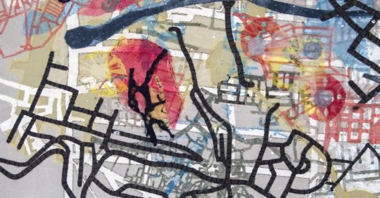 Valerie Goodwin: Map Abstractions (Detail), 2020, 25" x 36", aser cutting, fusing, couching, machine stitching, hand stitching, painting