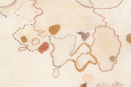 Ruth Singer: The Beauty of Stains (detail), 2015, 70cm x 45cm, Hand embroidery over stains on an old tablecloth from a gallery cafe. Photo credit: Joanne Withers