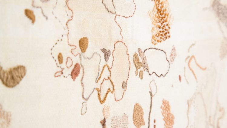 Ruth Singer, The Beauty of Stains (detail), 2015. 70cm x 45cm (28” x 18”). Hand embroidery over stains on an old tablecloth from a gallery cafe. Photo: Joanne Withers
