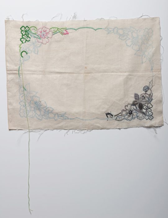 Ruth Singer: Unfinished, 2019, 33cm wide, Found embroidery, hand stitch. Photo credit: Paul Lapsley