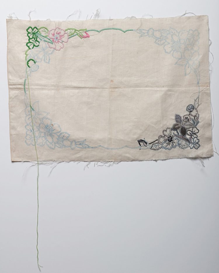 Ruth Singer, Unfinished, 2019. 33cm x 33cm (13” x 13”). Hand stitch. Found embroidery. Photo: Paul Lapsley