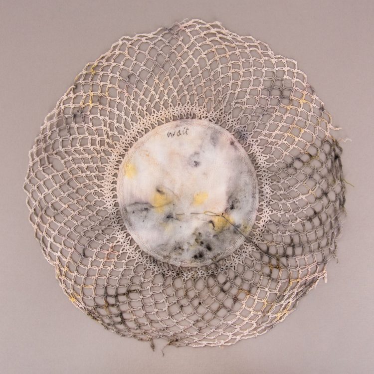 Ruth Singer: Wait, 2016, 27cm diameter, Naturally-dyed vintage cloth, hand embroidery. Photo credit: Paul Lapsley 