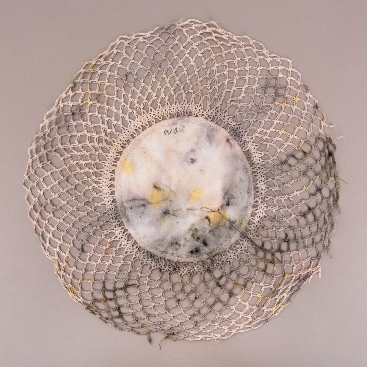Ruth Singer: Wait, 2016, 27cm diameter, Naturally-dyed vintage cloth, hand embroidery. Photo credit: Paul Lapsley