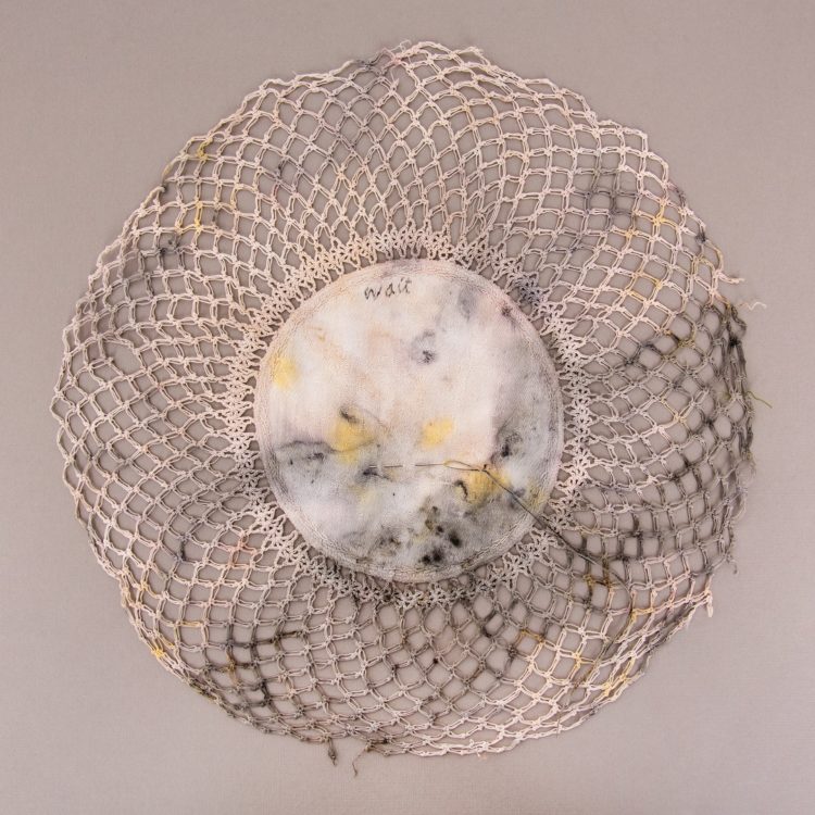 Ruth Singer, Wait, 2016. 27cm (11”) diameter. Hand embroidery on naturally dyed vintage cloth. Photo: Paul Lapsley
