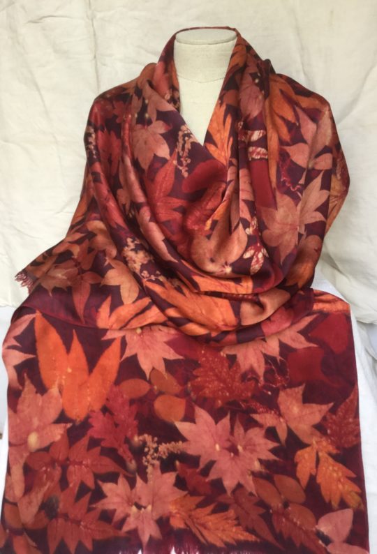 Caroline Nixon: Autumn, 2020, 50 x 180 cm, silk charmeuse, naturally dyed and ecoprinted. Inspired by a carpet of Autumn leaves