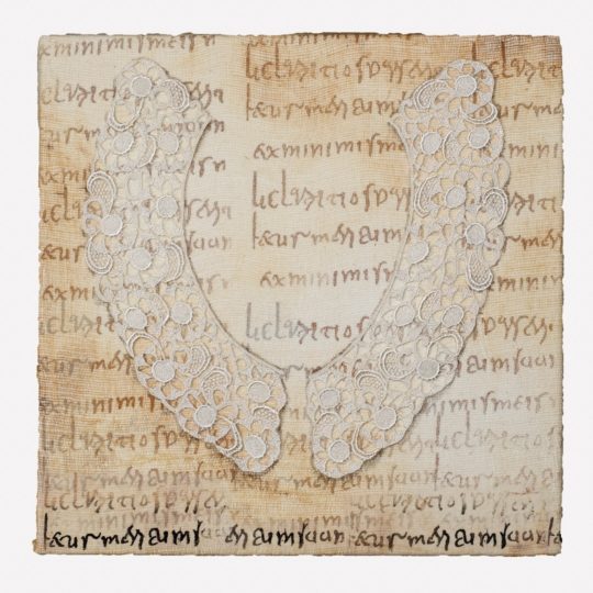 Cherilyn Martin, Pillow Books #1, 2018. 30cm x 30cm (12” x 12”). Stitching and screen printing. Cotton fabric, rusted scrim, antique lace collar.