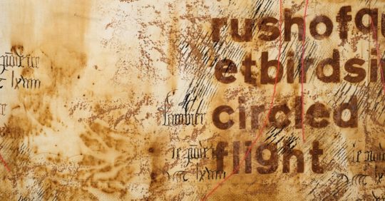 Cherilyn Martin, Memory Cloth #V (detail), 2016. 110cm x 110cm (43” x 43”). Natural rusting, controlled rusting, screen printing, stencilling, machine stitching. Textile paint, rust powder/acrylic wax, cotton machine thread.