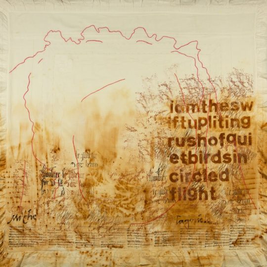 Cherilyn Martin, Memory Cloth #V, 2016. 110cm x 110cm (43” x 43”). Natural rusting, controlled rusting, screen printing, stencilling, machine stitching. Textile paint, rust powder/acrylic wax, cotton machine thread.