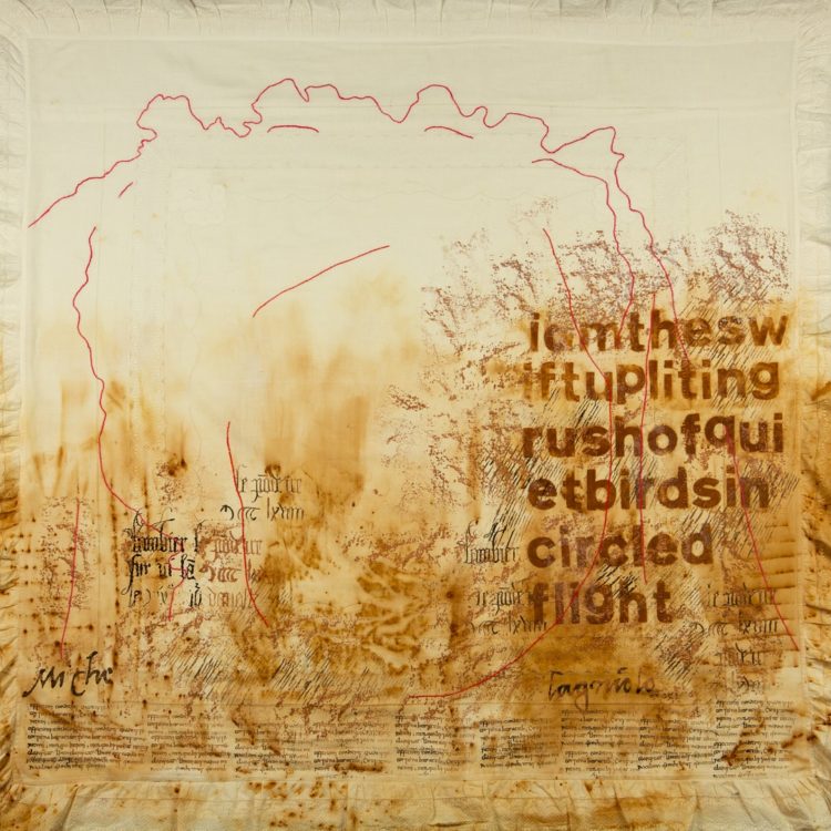 Cherilyn Martin, Memory Cloth #V, 2016. 110cm x 110cm (43” x 43”). Natural rusting, controlled rusting, screen printing, stencilling, machine stitching. Textile paint, rust powder/acrylic wax, cotton machine thread.