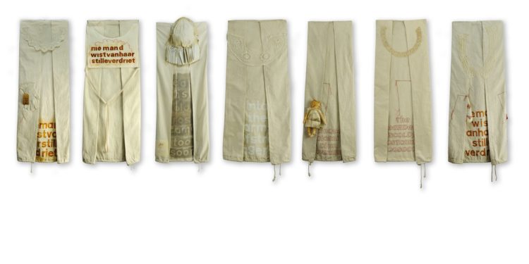 Cherilyn Martin, Seven Souls, 2018. 105cm x 400cm (41” x 157”). Hand stitching, controlled rusting, textile paint, stencilling. Retrieved cotton bags, antique textile pieces.