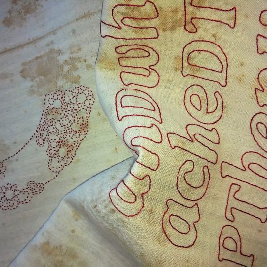 Cherilyn Martin, Silent Dialogue #2 (detail), (2018) 130cm x 77cm (51” x 30”). Hand stitching. Antique linen and handkerchief, cotton threads. Photo: Chris Laheij