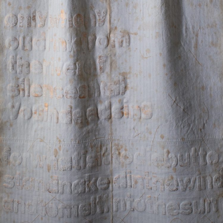Cherilyn Martin, Silent Dialogue #6 (Detail), 2018. 130cm x 77cm (51” x 30”). Hand stitching, stencilling. Antique linen lace collar, cotton threads, puff paste. Photo: Chris Laheij
