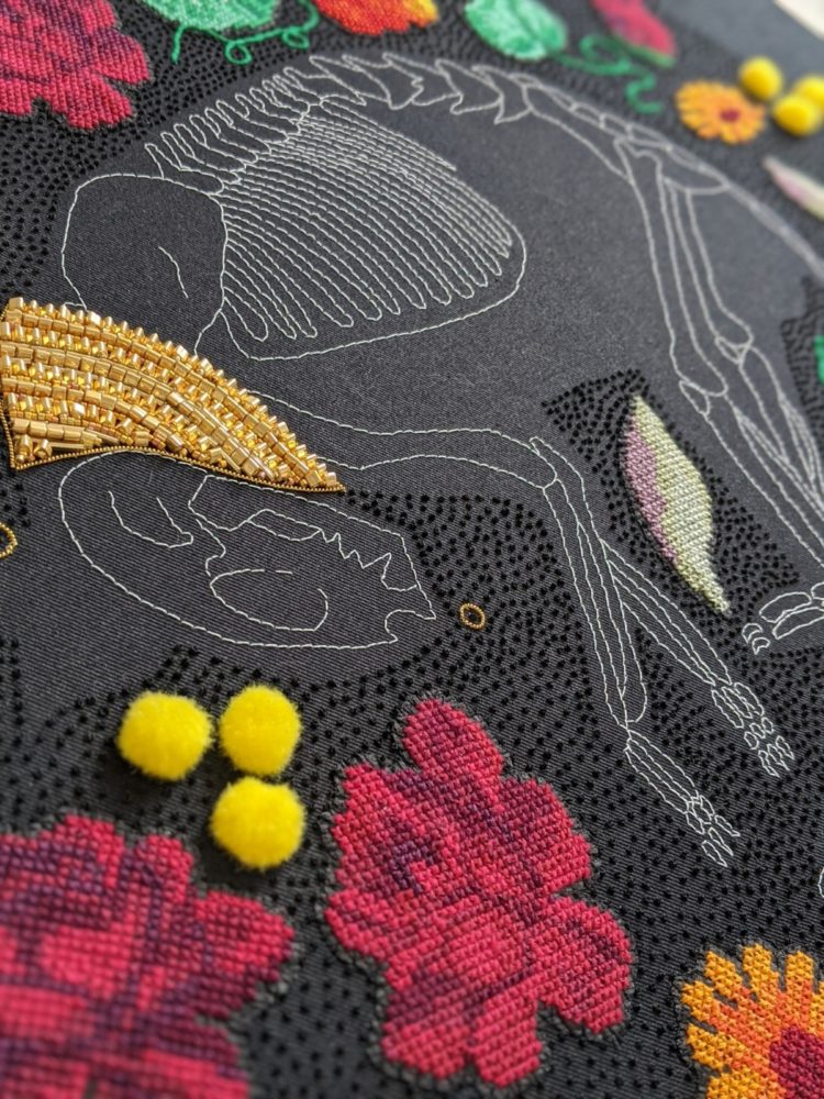 Kate Tume: In An English Country Garden (Finder's Keeper's) (Detail), 2020, Approx 45cm x 64cm, Hand embroidery and beadwork on cotton