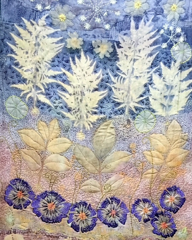 Caroline Nixon: underwater garden (Detail), 2018, 55 x 180 cm, Vintage kimono silk mounted on wool. Ecoprint, hand stitch, free machine embroidery