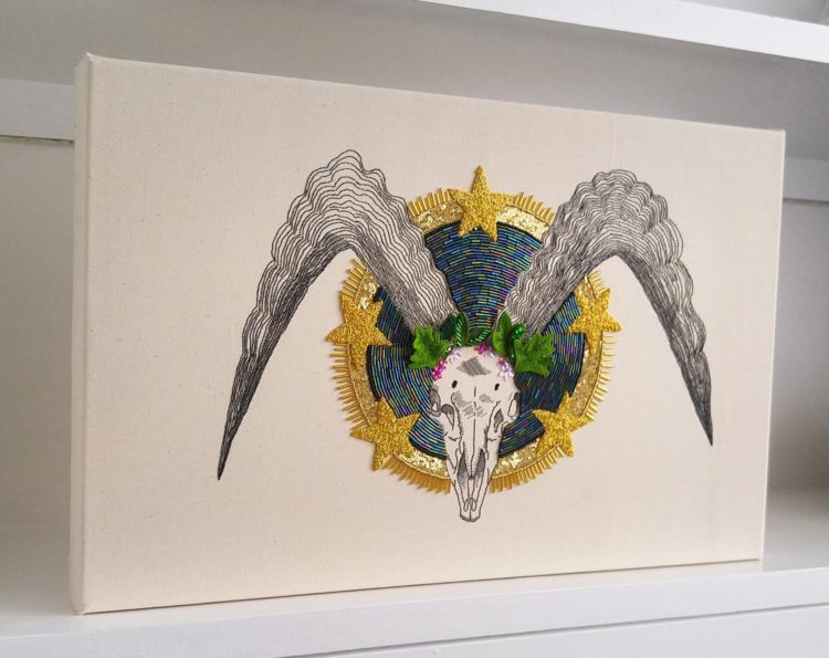 Kate Tume: Saint Celia, 2017, 30cm x 48cm, Hand embroidery, goldwork, embellishment on cotton