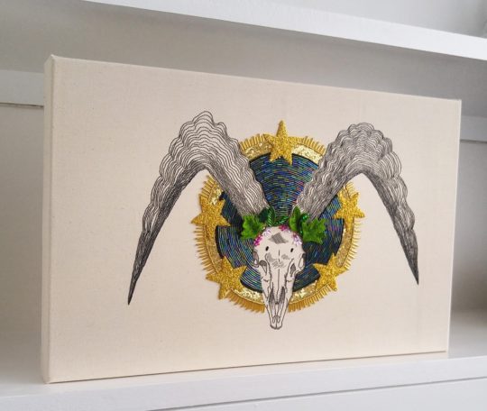 Kate Tume: Saint Celia, 2017, 30cm x 48cm, Hand embroidery, goldwork, embellishment on cotton