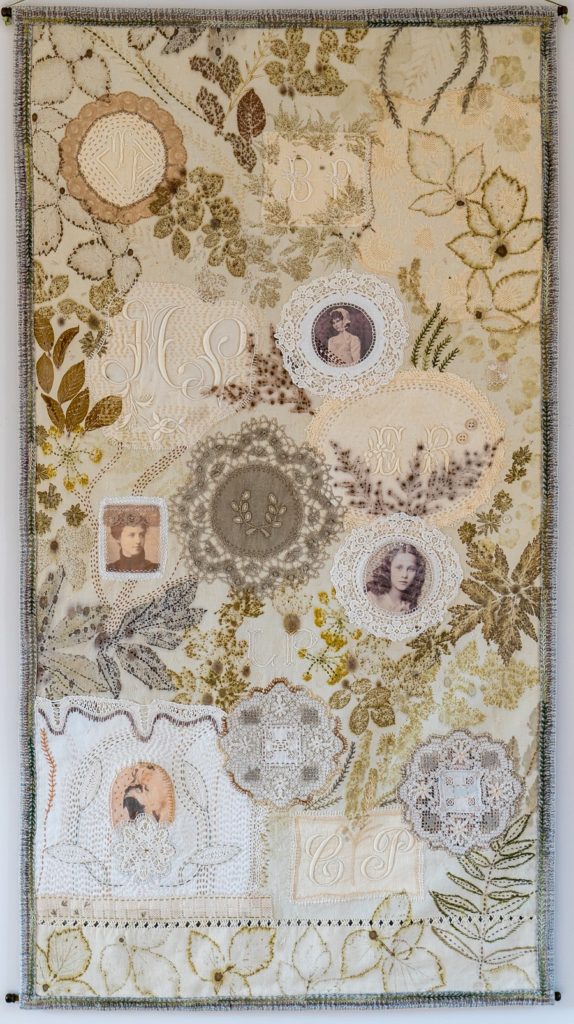 Caroline Nixon: Les brodeuses inconnues ( the unknown embroiderers ), 2020, 70 x120 cm, Vintage French linen sheets, monograms and doilies. Ecoprinted with plants from French hedgerows. Image transfer, hand stitch