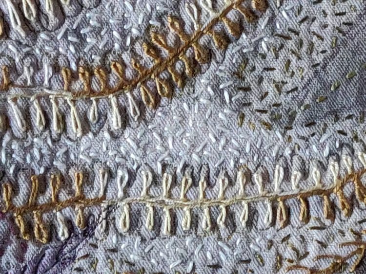 Caroline Nixon; Tapestry (Detail), 2020 ( work in progress), 60 x 180 cm, Vintage French linen, ecoprinted and machine and hand embroidered. This detail shows ferns, depicted in Basque stitch with variegated thread