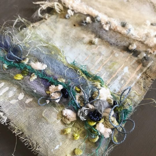 Emily Notman: Misty meadow (Detail), 2019, 55cm x 25cm, Fabric, merino wool, yarn, cotton and paint