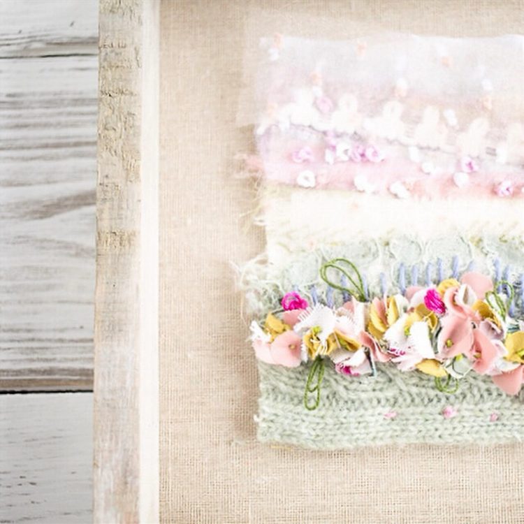 Emily Notman: Spring walk (Detail), 2020, 25cm x 45cm, Hand embroidery, yarn, fabric and cotton, mounted in a rustic frame