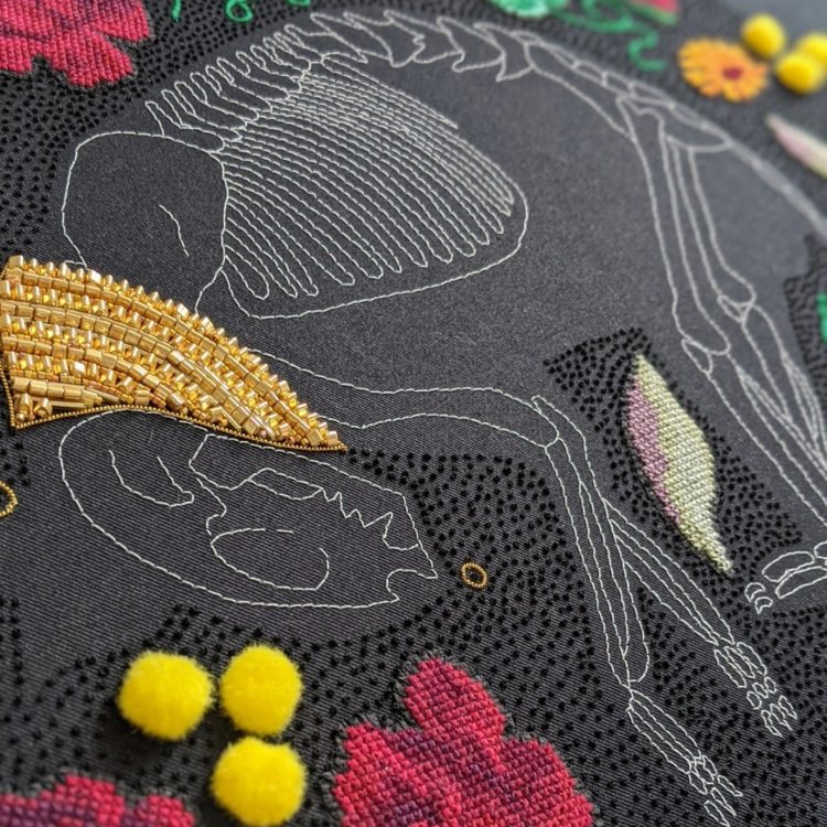 Kate Tume, In An English Country Garden (Finder’s Keeper’s) (detail), 2020. 45cm x 64cm (18” x 25”). Hand embroidery and beadwork on cotton.