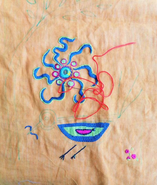 Saima Kaur: Still Bird, wriggling worm (work in progress) (Detail), 2021, 30 x 40 cm, Hand embroidery, cotton and silk thread with mirror