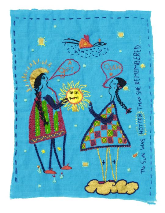 Saima Kaur: The Absurd Gift, 2021, 25 x 22cm, Cotton fabric with cotton thread and paint