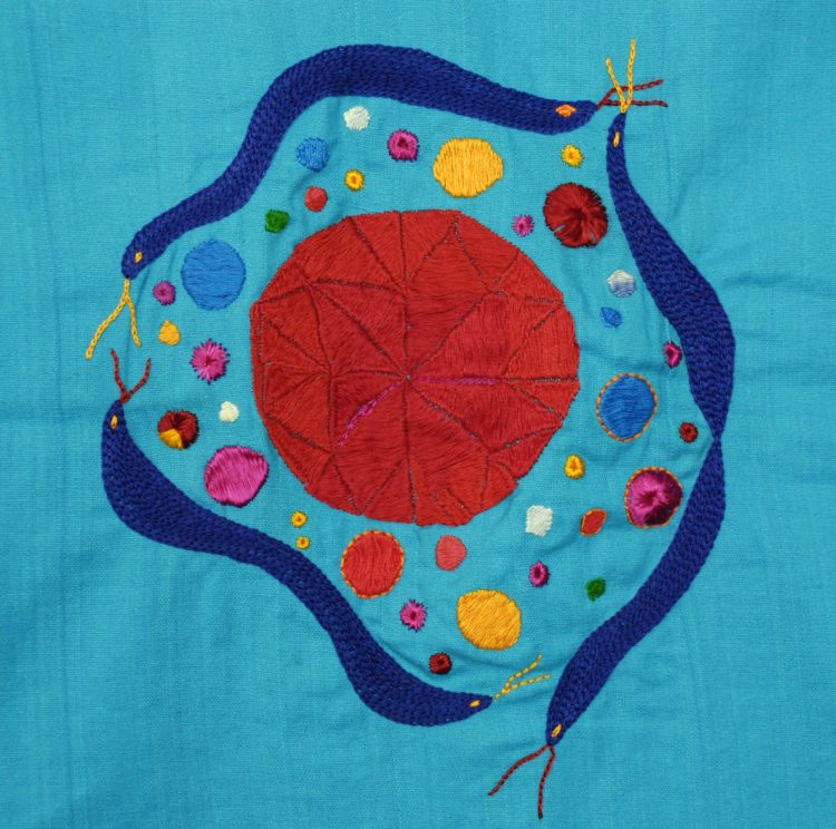 Saima Kaur: Tutor Tales (work in progress) (Detail), 2019, 2 x 2 meters, Hand embroidery on cotton