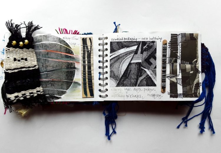 Andrea Cryer: Extract from Textile workbook/sketchbook, 2005, 42 cm x 15 cm, Mixed media, pen and ink drawing, wrapped structures, weaving with yarn and beads, handmade laminate, overdrawn photograph