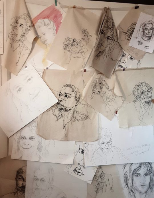 Andrea Cryer: Sketch-board for Sky Arts Portrait Artist of the Year, 2020, Board 1.2 m x 1.8 m, Paper, fabric, thread, inks, pen and ink, pencil