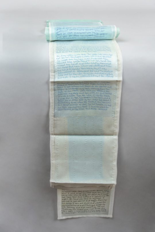 Alisa Banks: Water, 2020, 42” x 9” (open), Silk, thread, dye, ink, watercolor, dyed, hand and machine sewn, handwriting, Photographer credit: Teresa Rafidi
