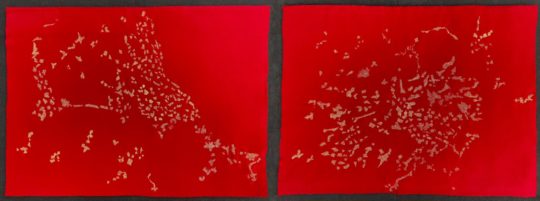 Brooks Harris Stevens: Distant Dialogues, 2019, 60"w X 20"h, Wool fabric stitched with gold thread