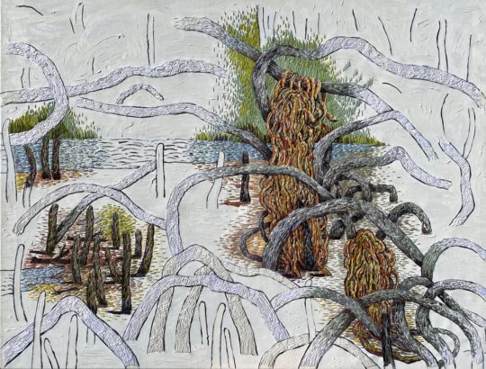 Kurt Brereton: Mangrove Roots at Lowtide, 2020, 92 x 122cm, oil and embroidery on canvas