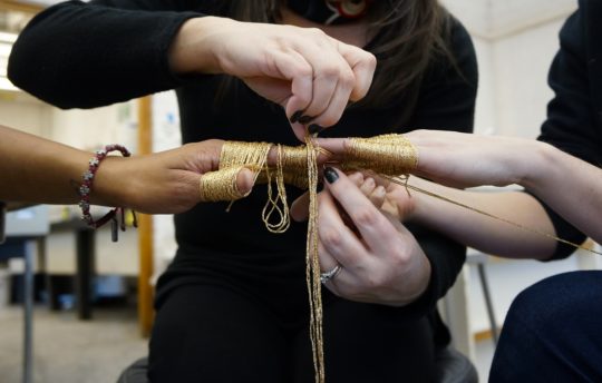 Brooks Harris Stevens: Mending Gold: Community (Detail), 2017, Gold yarn, hand weaving and two amazing souls, Porsha Webb and Julia Windom.