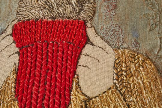 Sue Stone: From Grimsby to Greenpoint and Beyond (Detail) (photo credit Yeshen Venema), 2018, 175 x 123 cms, Materials :Linen and recycled clothing fabrics, cotton threads, InkTense pencils, acrylic paint Techniques: Hand and machine stitch.appliqué, piecing, drawing, painting